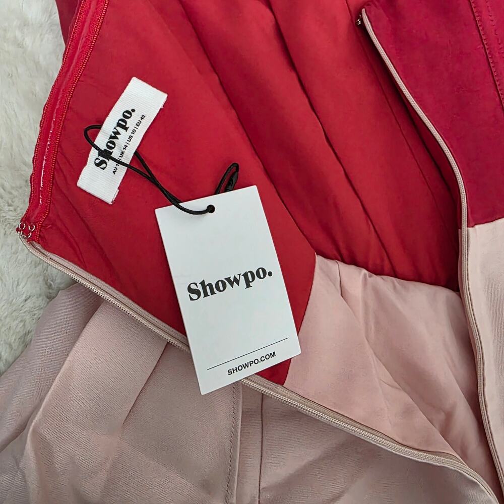 Showpo Olympia Red Pink Colorblock Strapless Draped Mini Party Dress NWT US 10 - Picture 11 of 15